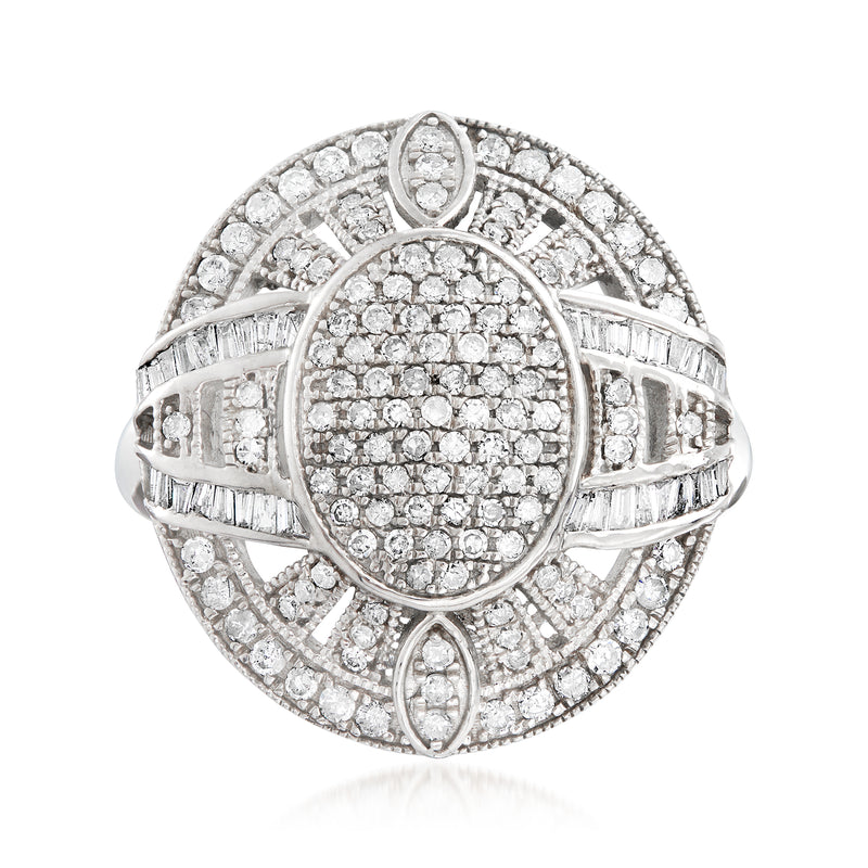 Sterling silver openwork diamond ring with oval center and pavé halo