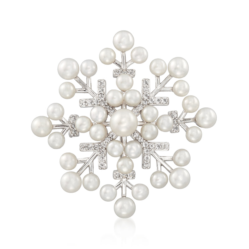Snowflake pin with cultured pearl drops and white topaz accents in sterling silver