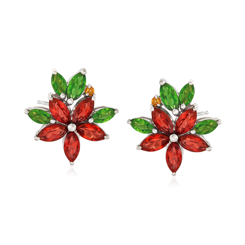 Sterling silver flower post earrings with red and green marquise gemstones