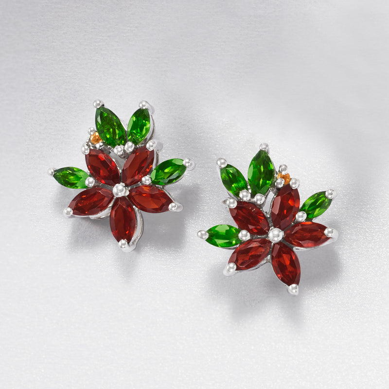 Sterling silver multi-gem flower stud earrings with red petals and green leaves