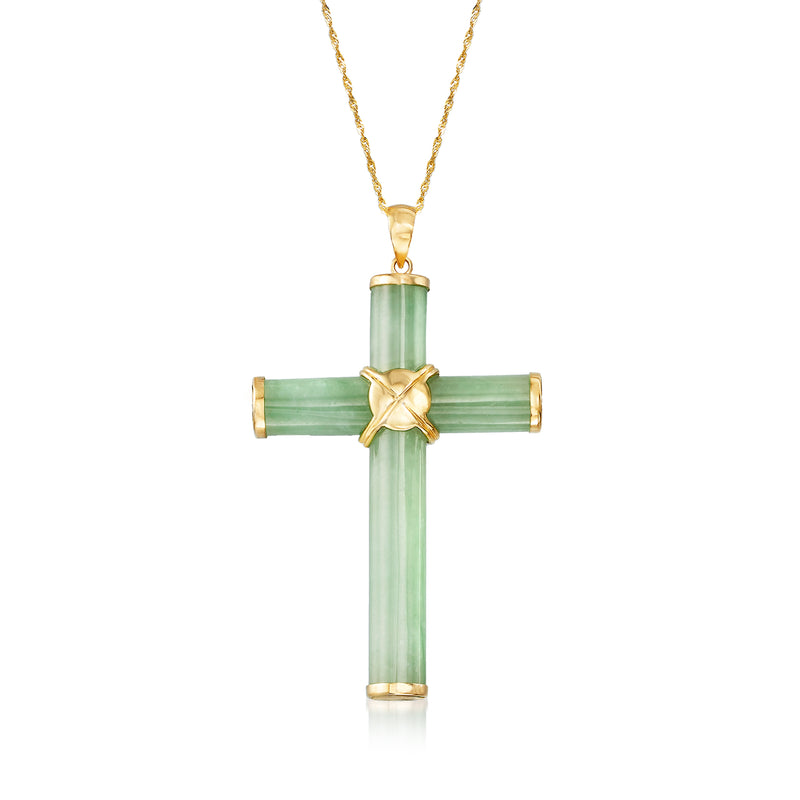 14kt yellow gold cross pendant necklace with green jade stone, gold chain