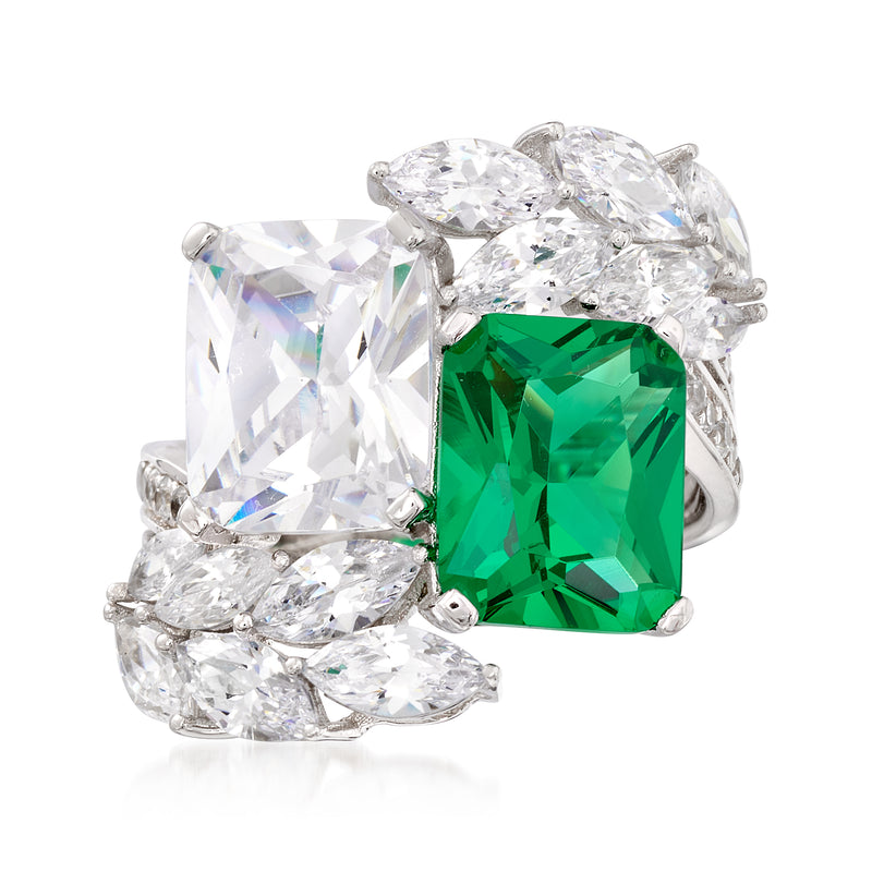 Sterling silver ring with green emerald-cut center and clear marquise stones