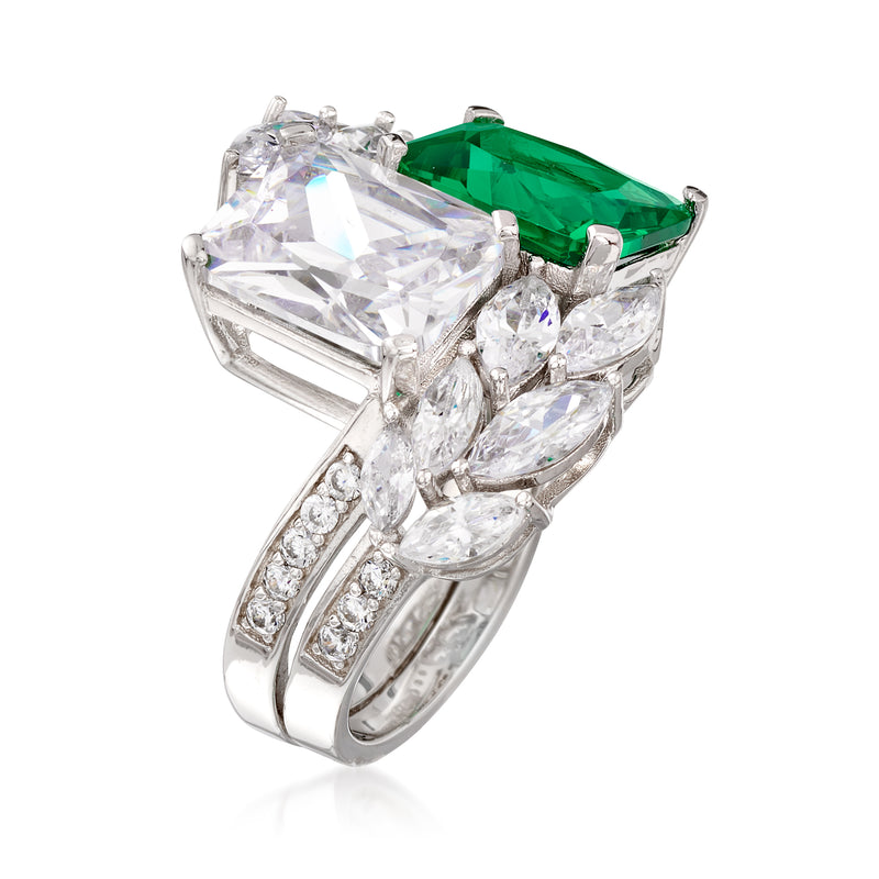 Sterling silver ring with large green emerald-cut stone and bright crystal side stones