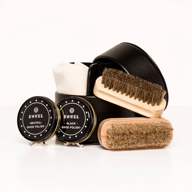 Brouk & Co shoe shine kit with black shoe polish tins and bristle brushes