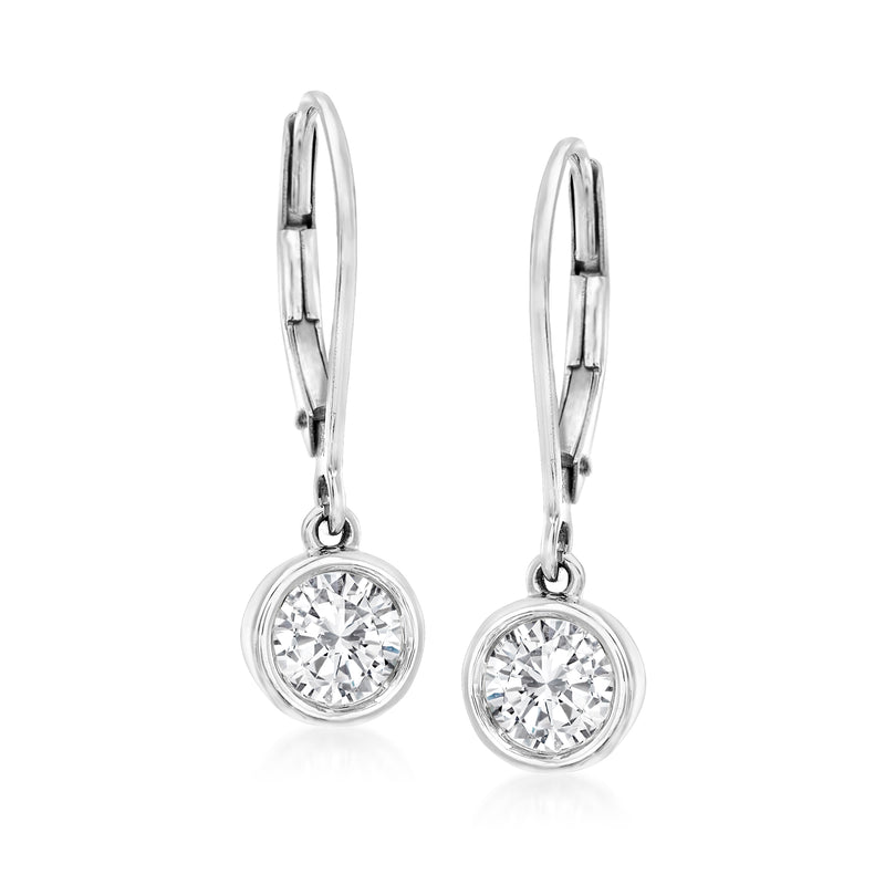 14kt white gold leverback diamond drop earrings with round bezel-set stones