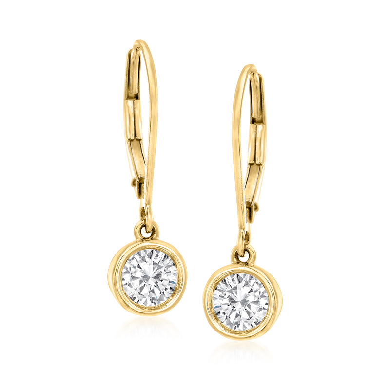 14kt yellow gold leverback diamond drop earrings, round bezel-set stone