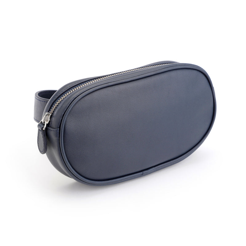 Navy leather belt bag with oval zip pouch and adjustable strap