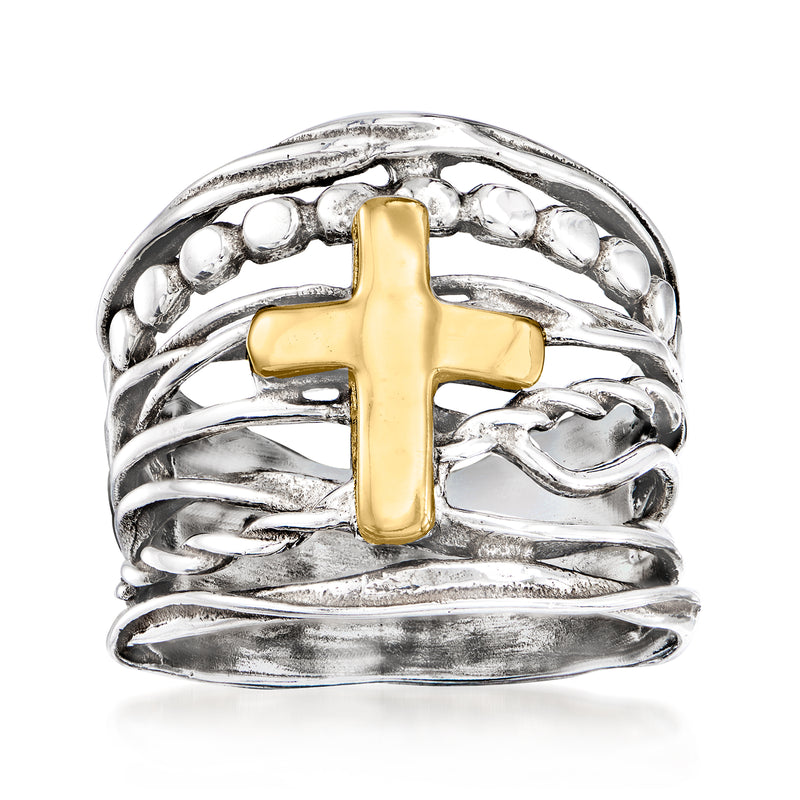 Sterling silver cross ring with 14kt yellow gold center cross, multi-row band