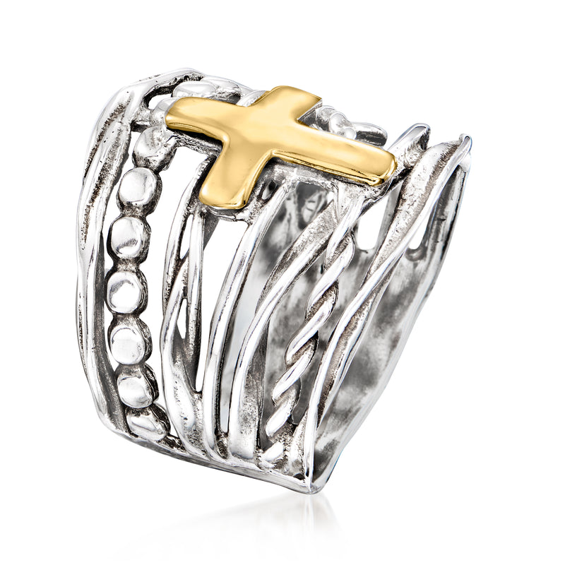 Sterling silver multi-row cross ring with large yellow gold cross top view