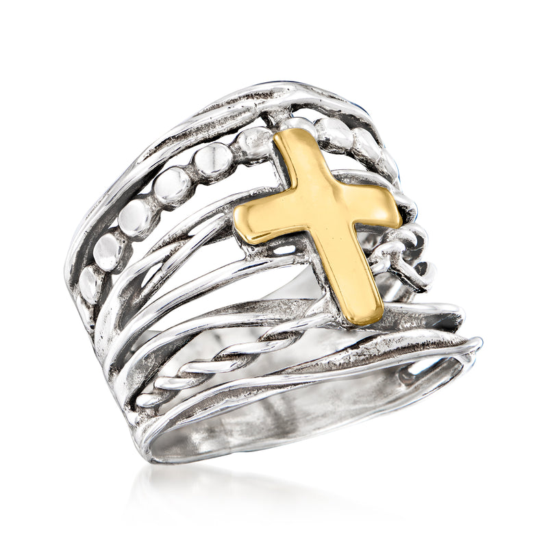 Sterling silver cross ring with yellow gold cross and braided multi-row band detail