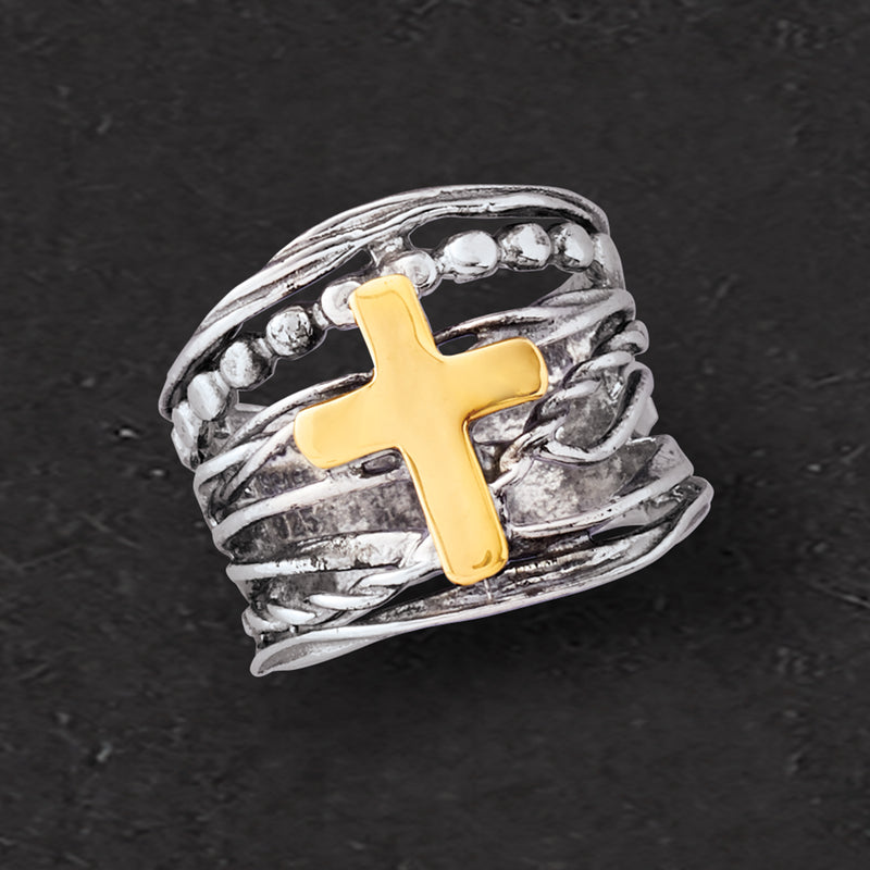 Sterling silver cross ring with yellow gold cross centerpiece and bead accents