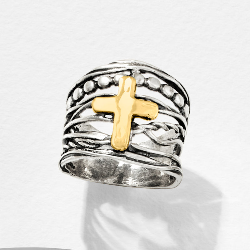 Sterling silver cross ring with yellow gold cross front and textured rope band
