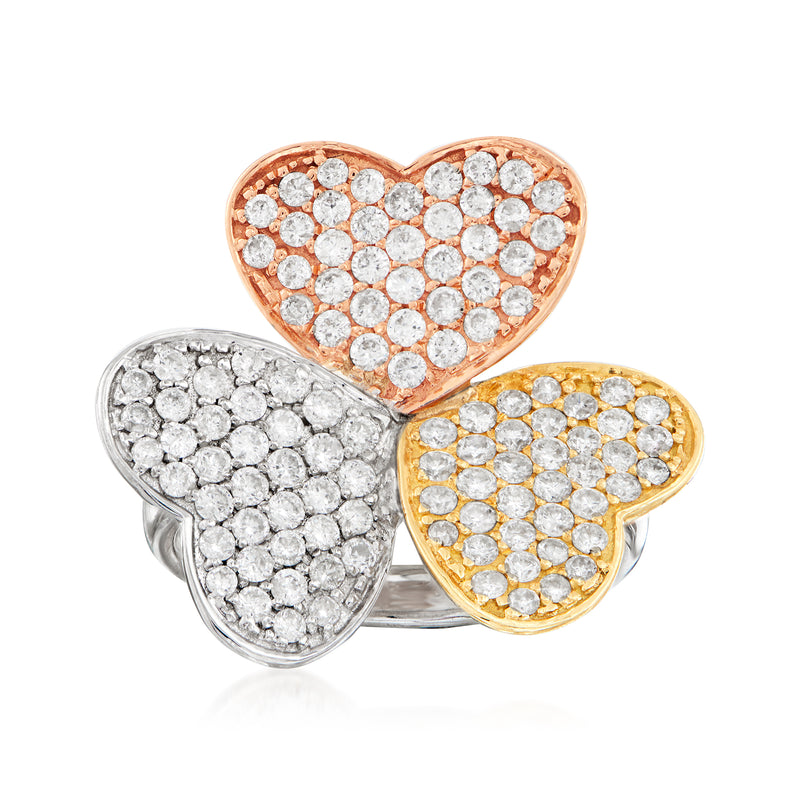Tri-colored gold heart diamond ring with clustered stones in rose, white, and yellow