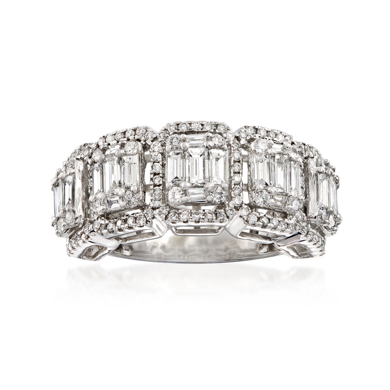 14kt white gold diamond ring with baguette and round stones, three-stone design