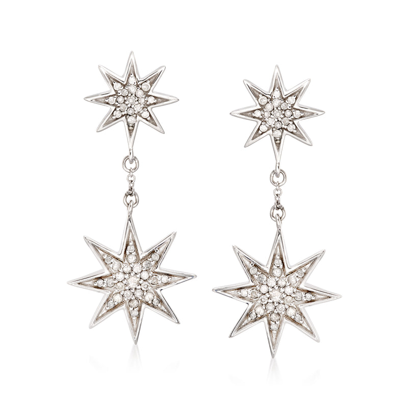 Sterling silver starburst drop earrings with two crystal star charms and chains