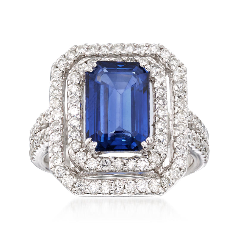 14kt white gold sapphire and diamond halo ring with rectangular blue center stone