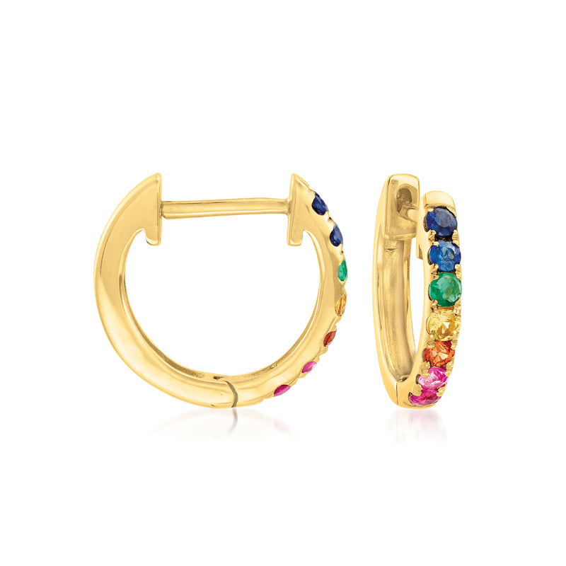 14kt yellow gold huggie hoop earrings with multicolor gemstone accents