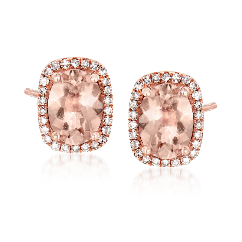 14kt rose gold oval morganite stud earrings with diamond halo and post backs