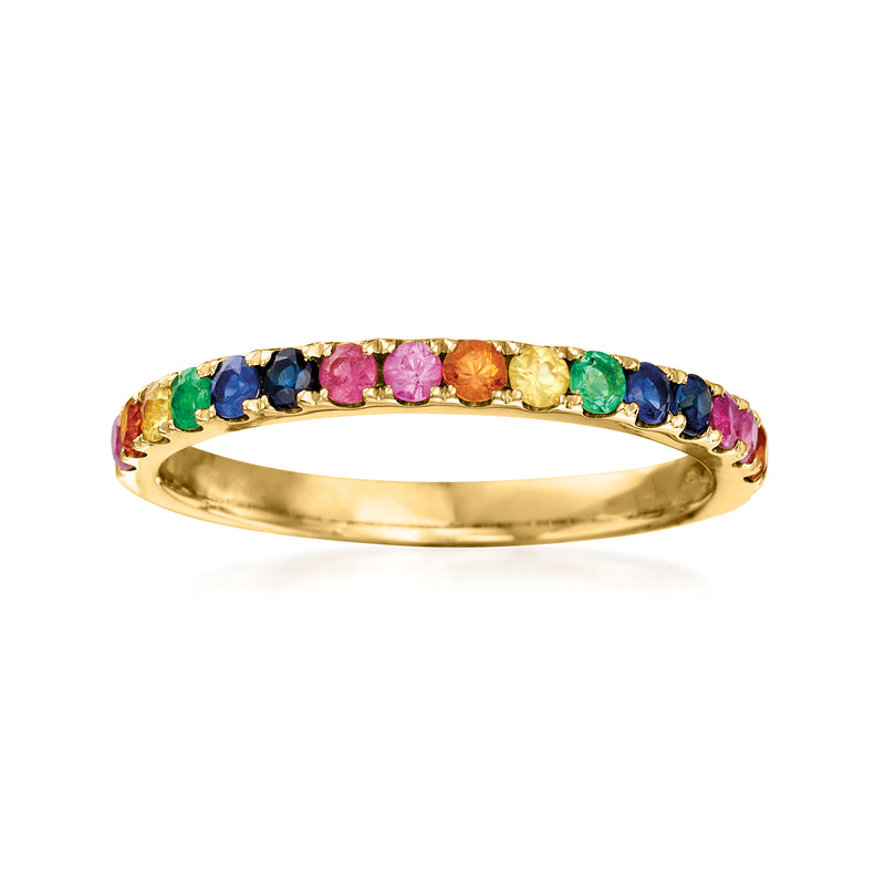14kt yellow gold band mixed gemstone ring with colorful faceted stones across top
