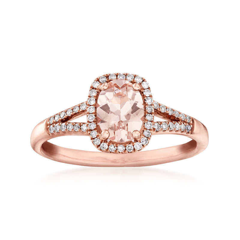 Morganite and diamond ring in 14kt rose gold with oval halo setting