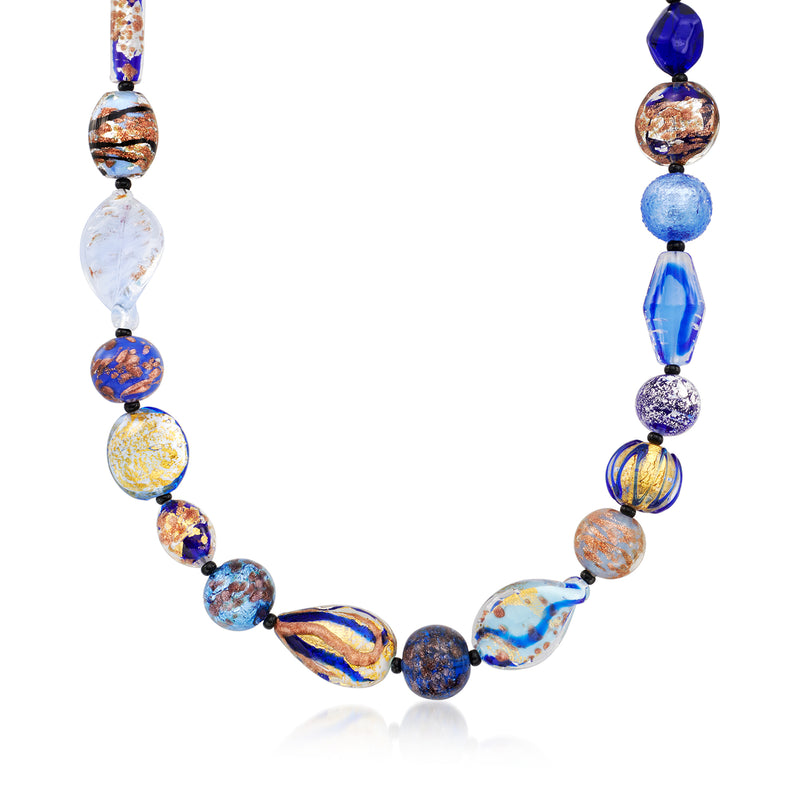 Multicolored Murano glass bead necklace with gold over sterling links and blue accents
