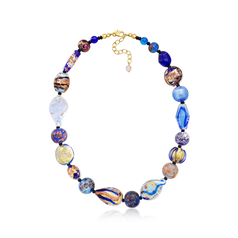 Multicolored Murano glass bead necklace with gold chain and clasp, blue and amber beads
