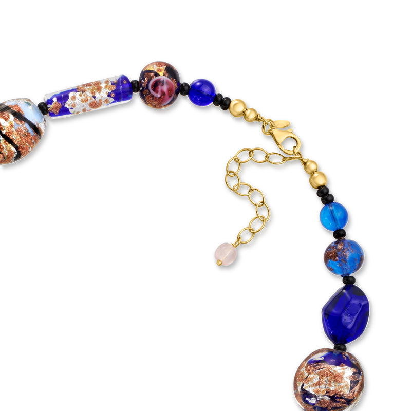 Murano glass bead necklace end with gold chain, dark and blue beads with dangling drop