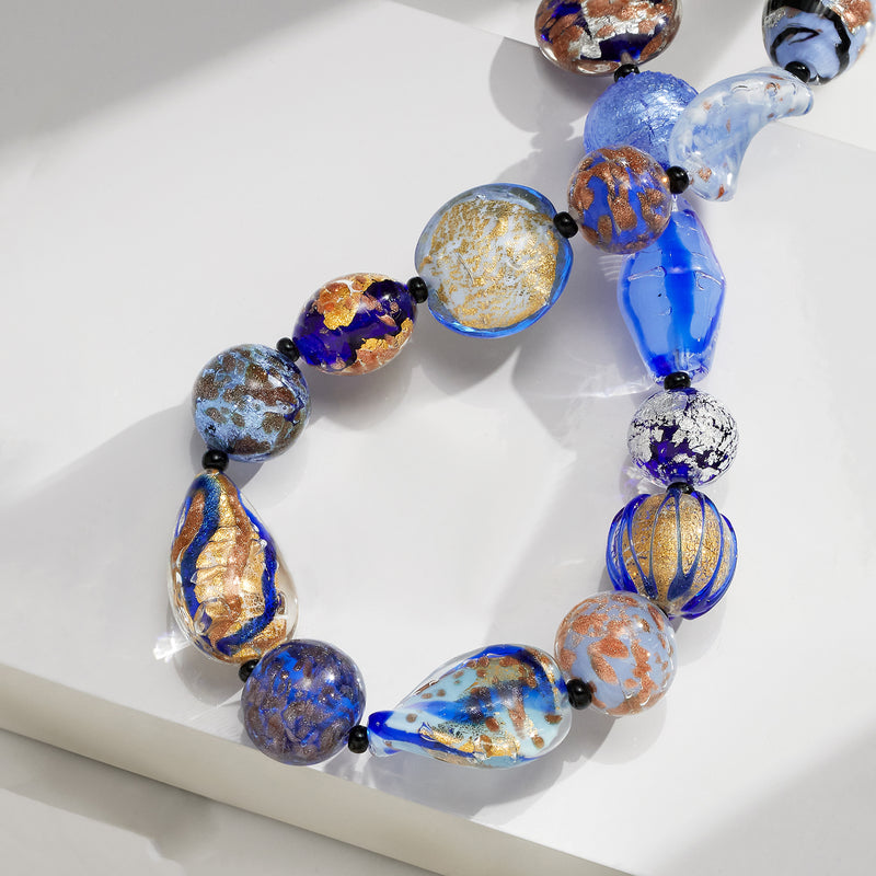 Multicolored Murano glass bead necklace with large blue and gold swirl beads