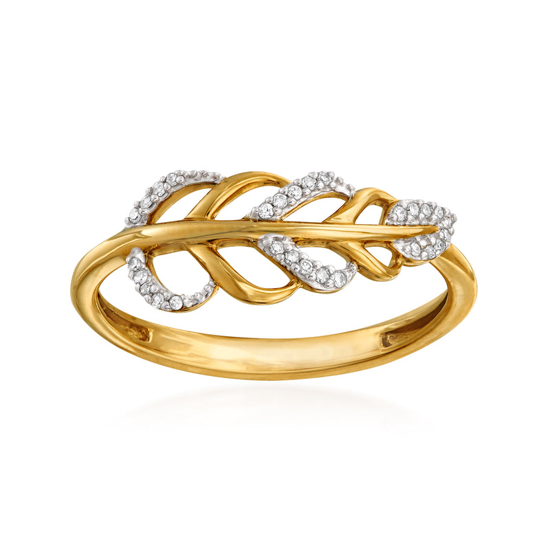 14kt yellow gold diamond-accented leaf ring with sparkling stone inlays