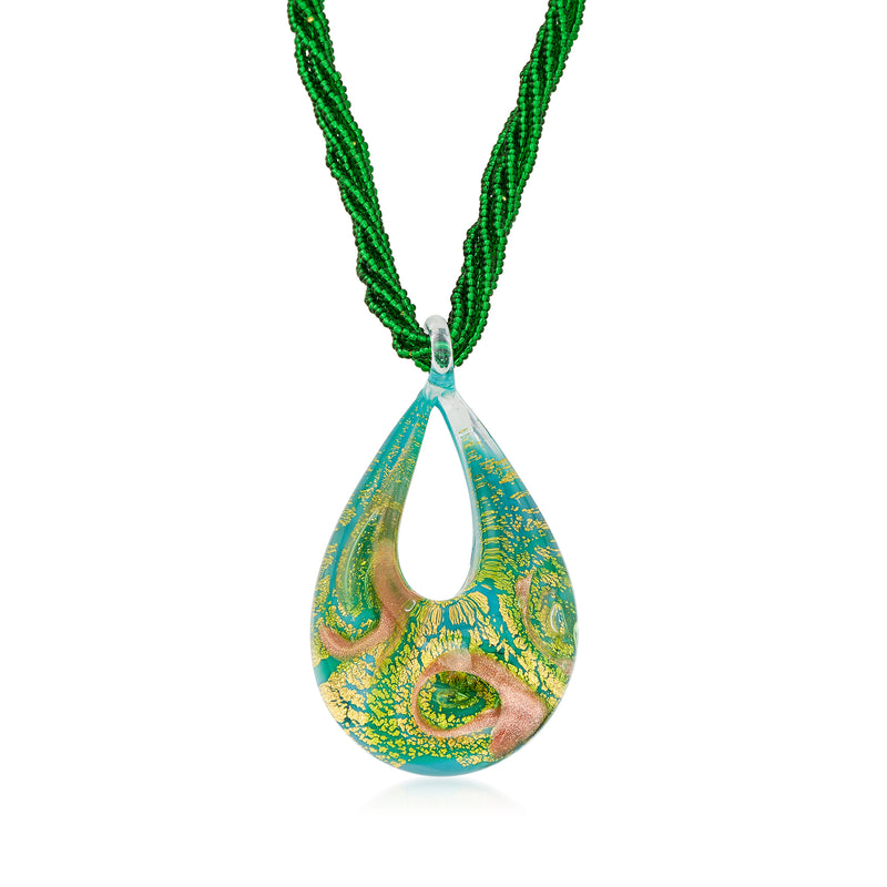 Murano glass pendant necklace with teardrop green-and-gold bead and gold-tone links