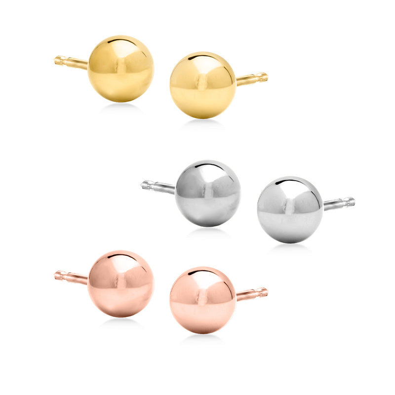 14kt tri-colored gold ball stud earring set, 6mm round spheres in three colors