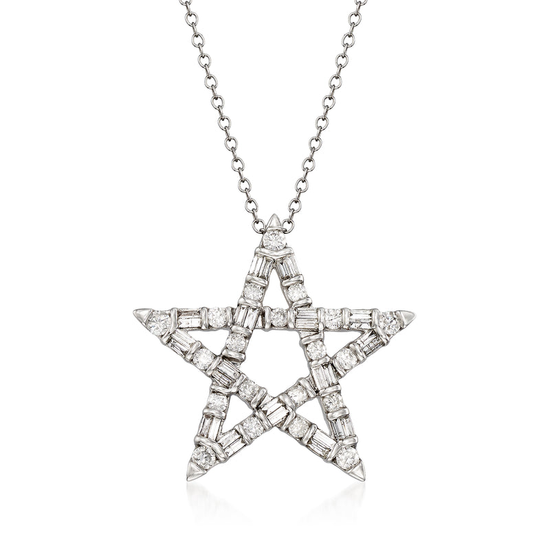 Diamond star pendant necklace in 14kt white gold with baguette and round diamond accents
