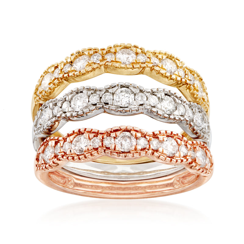 Set of three diamond rings in tri-colored gold
