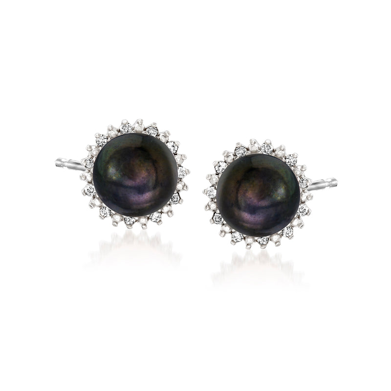 Sterling silver post earrings with dark iridescent button pearls and diamond halo