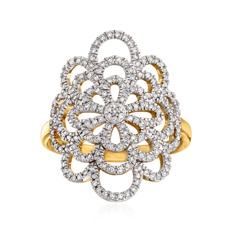 14kt yellow gold open-space floral diamond ring, clustered round and pear stones