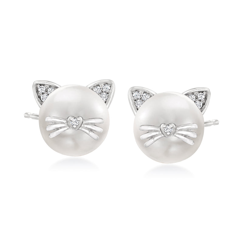 Cat-shaped cultured pearl stud earrings with diamond accents, sterling silver posts