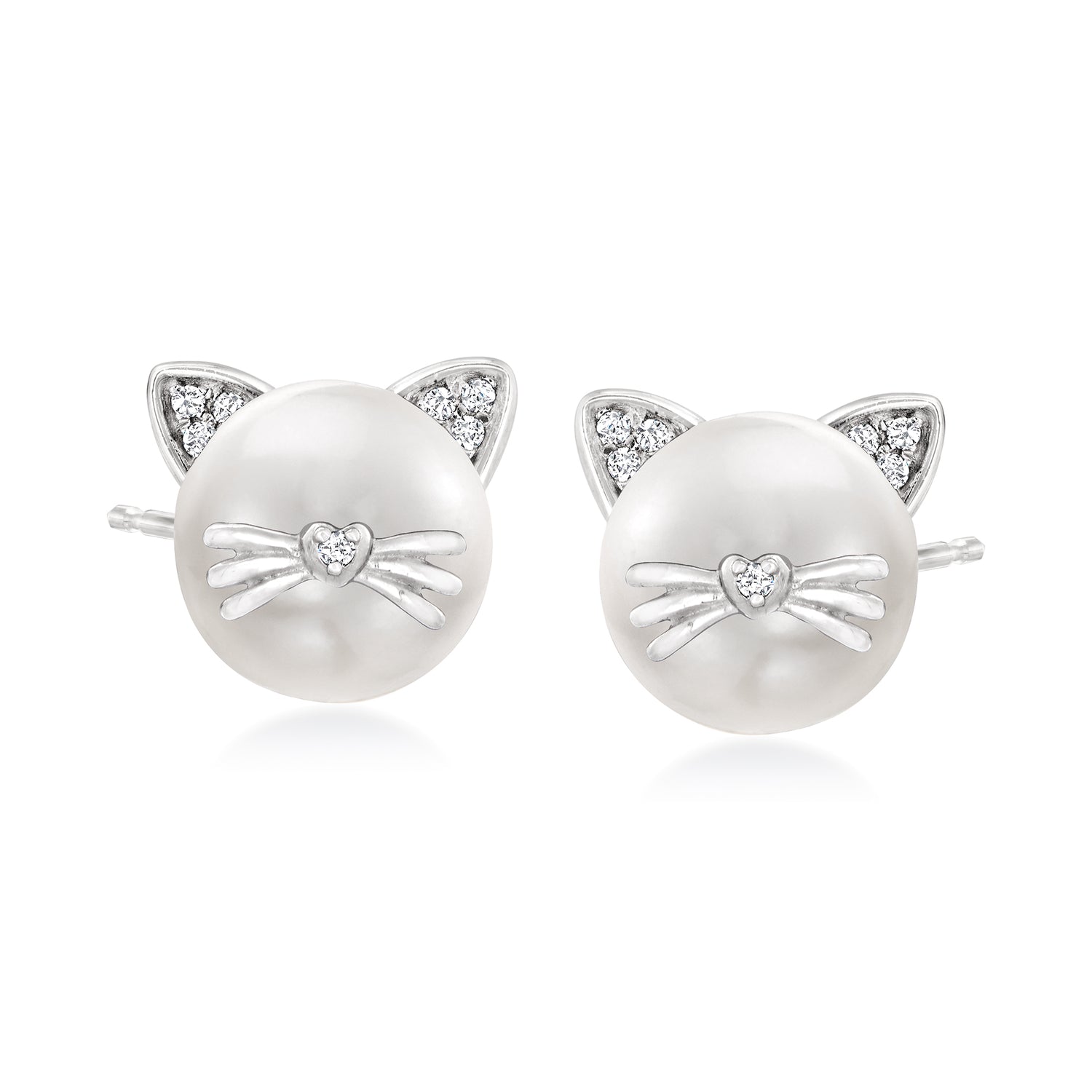 8-8.5mm Cultured Pearl Cat Earrings with Diamonds in Sterling Silver