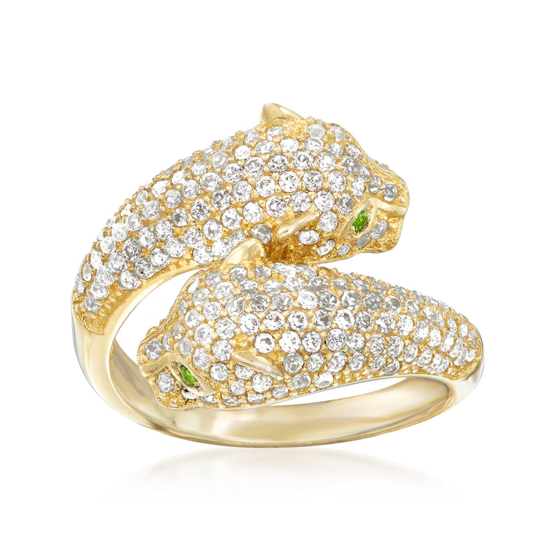 Panther ring in yellow gold with white zircon and green chrome diopside