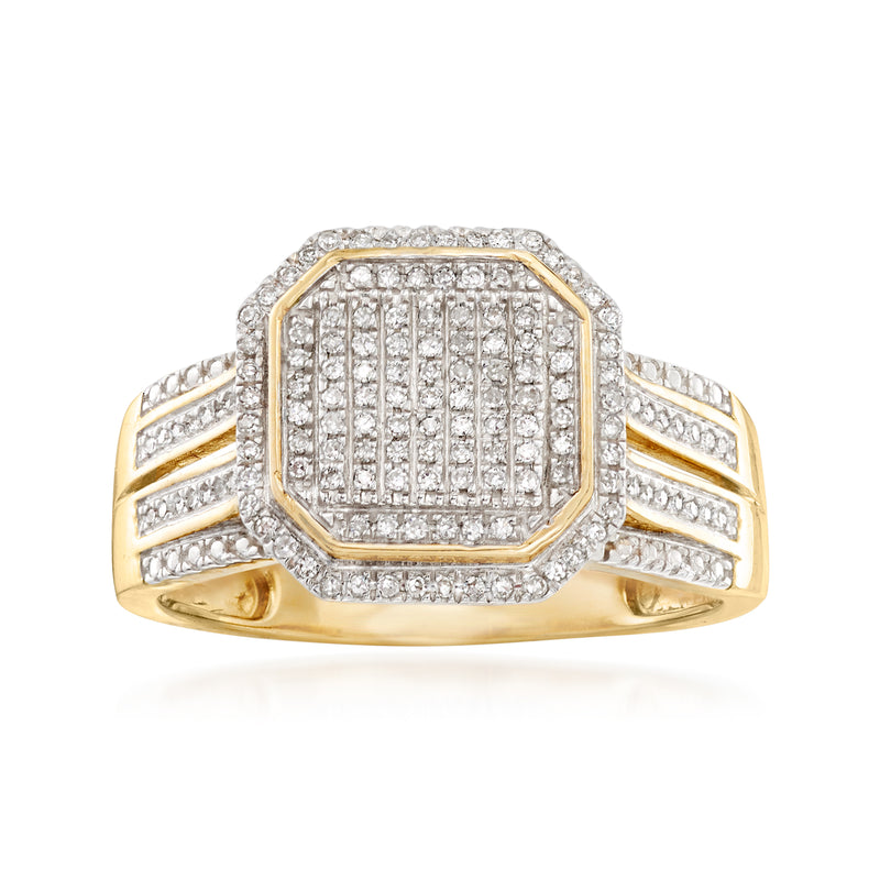 14kt yellow gold pave diamond ring with square diamond halo and split shank
