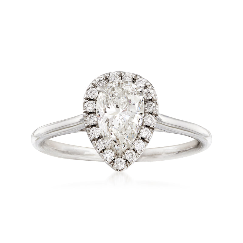 Pear diamond halo ring in white gold with split shank