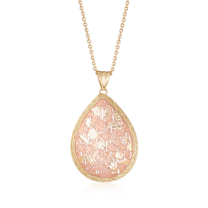 Two-tone 14kt gold teardrop pendant necklace with pink mosaic inlay, on fine chain