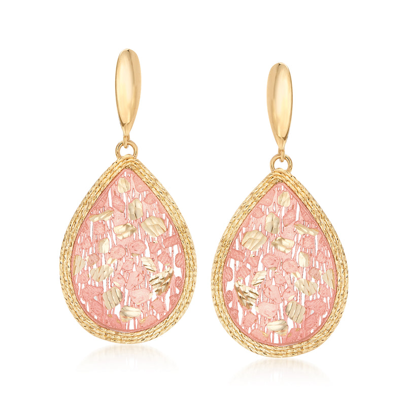 Two-tone 14kt gold teardrop earrings with pink mosaic drop and loop top