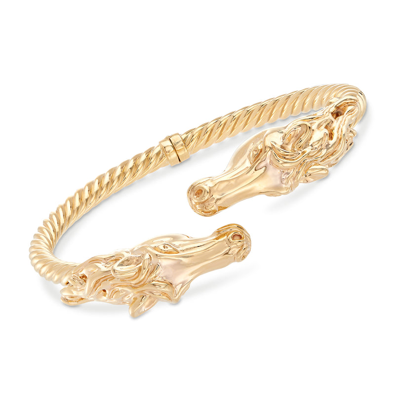 14kt yellow gold horse cuff bracelet with braided rope texture and engraved horse head details