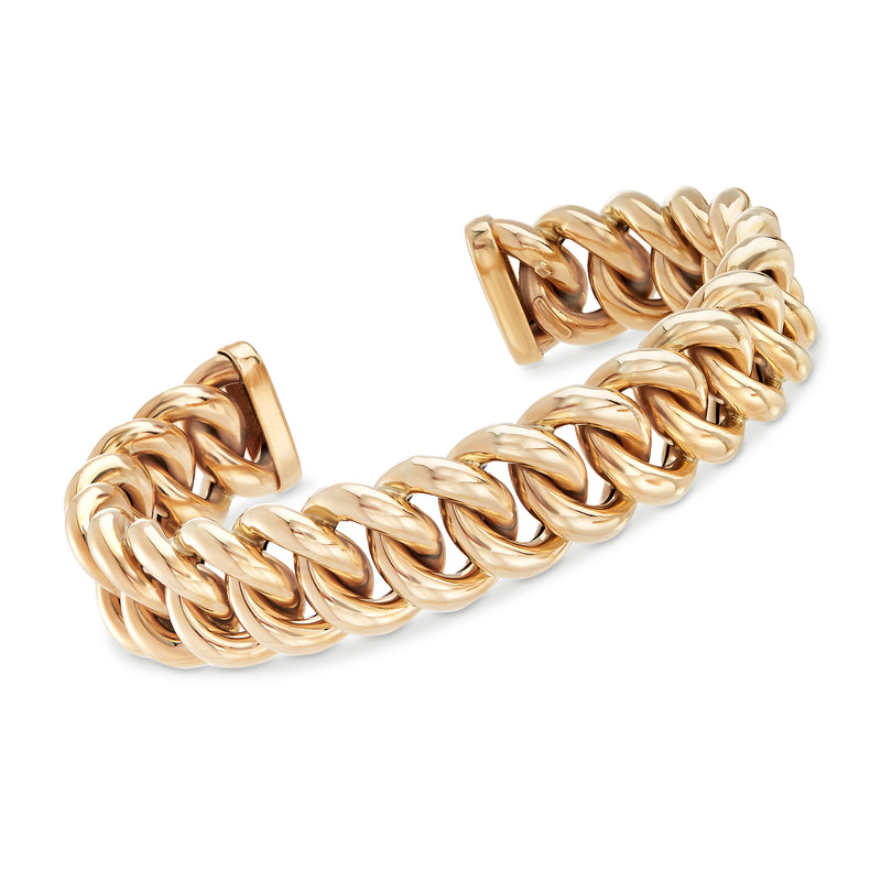 14kt yellow gold cuff bracelet with interlocking curb chain links