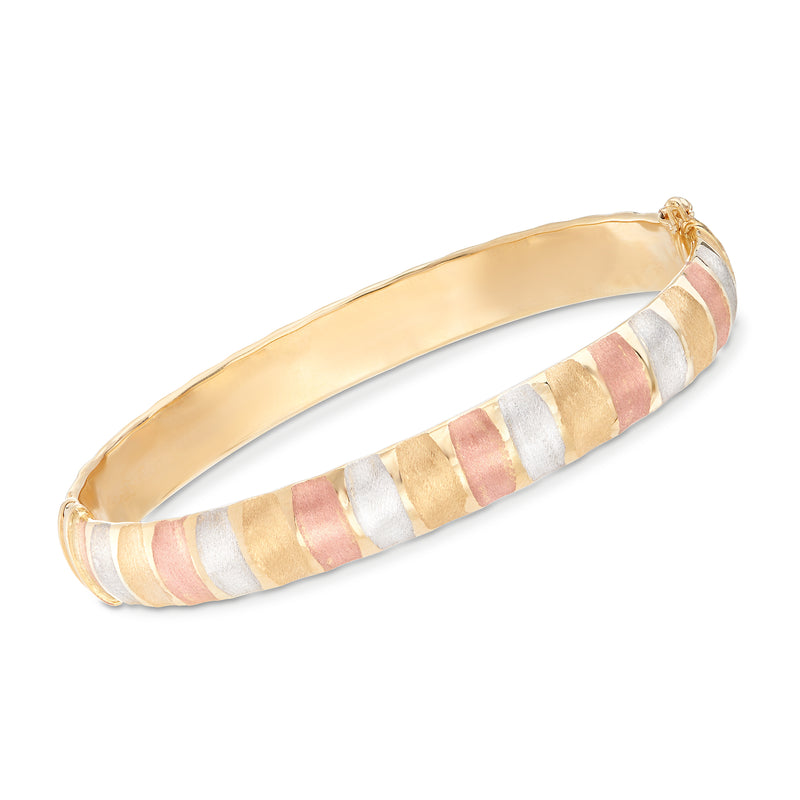 14kt gold bangle with tri-colored striped inlays in blush, silver, and gold tones.