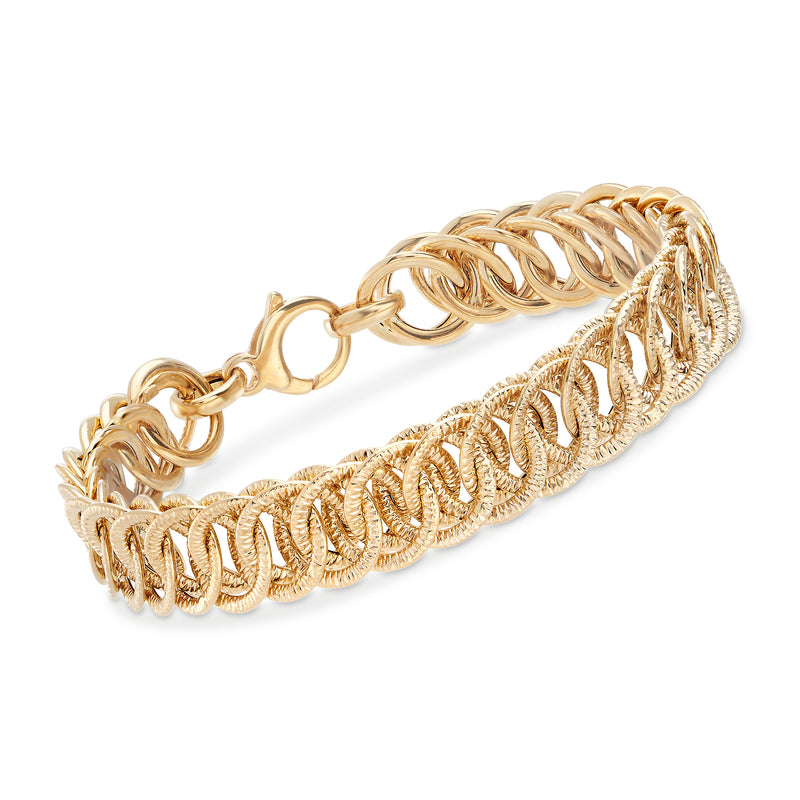 14kt yellow gold textured link bracelet with oval clasp and ribbed chain band
