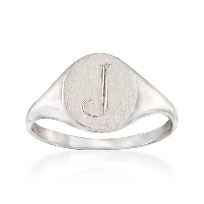 14kt white gold round signet ring with engraved letter J on the face