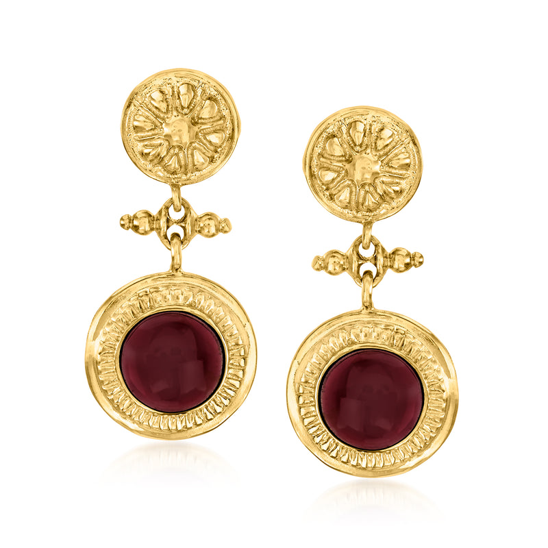 Gold drop earrings with floral textured tops and round burgundy garnet-style stones