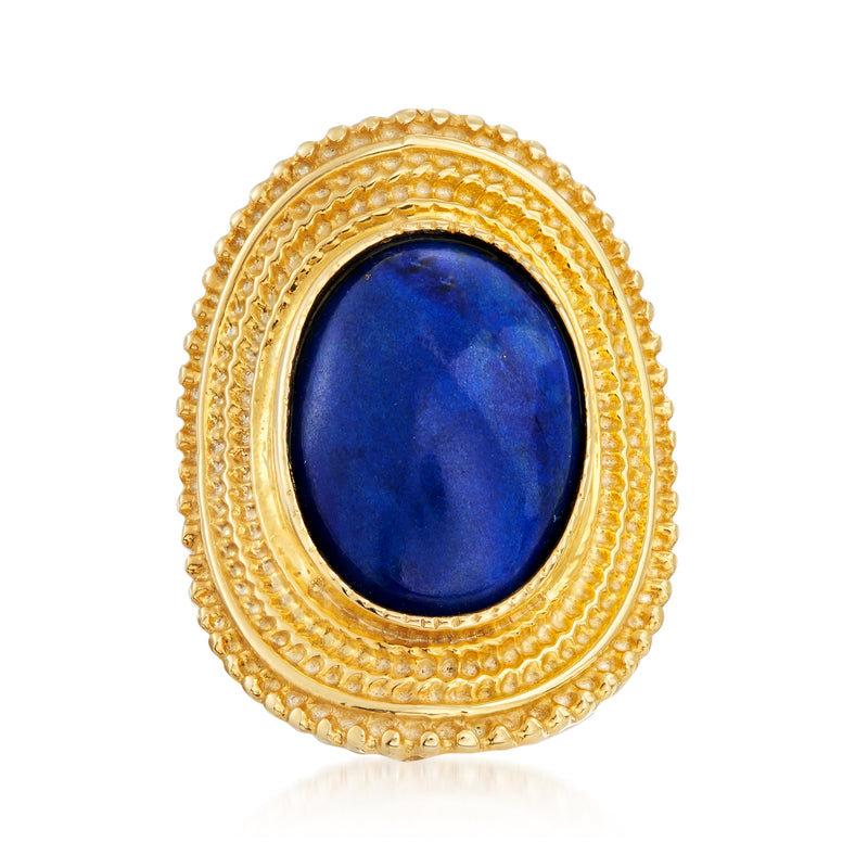 Gold over sterling lapis ring with oval blue stone and ornate double bezel