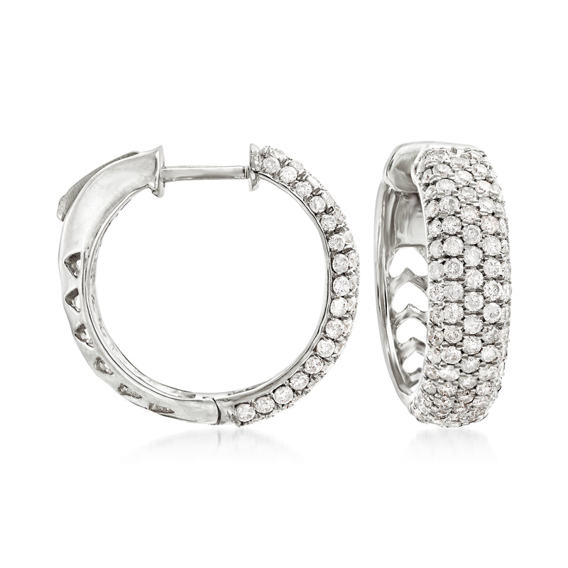 Diamond hoop earrings in 14kt white gold, round pavé set with hinged closure